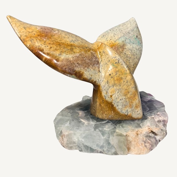 Signed Carved Soapstone and Fluorite Wale Fluke Sculpture by Artist Eddie Lee